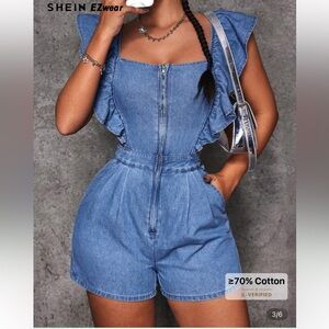 SHEIN Blue Denim Ruffle Romper